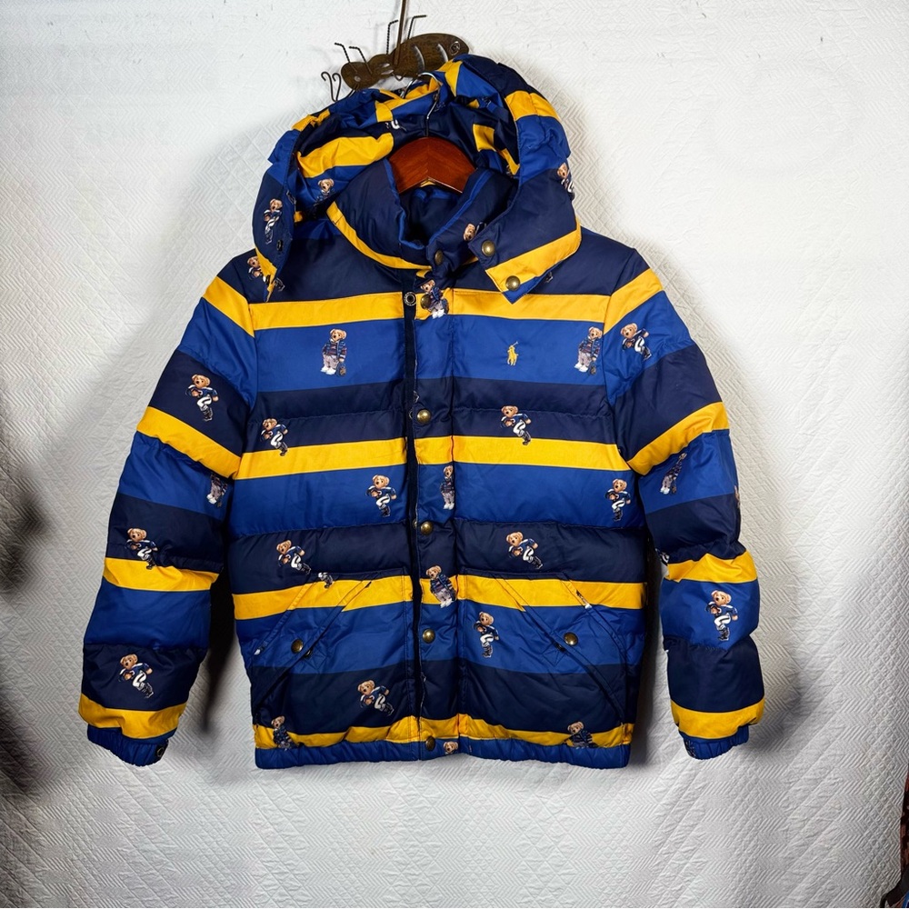 RALPH LAUREN Hawthorne Polo Bear Stripe DOWN Hooded Coat Medium 10-12 BlueYellow